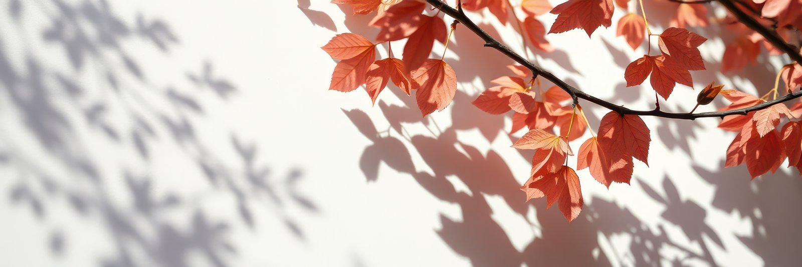 Vibrant autumn leaves casting intricate shadows on a light-colored wall in a serene outdoor setting